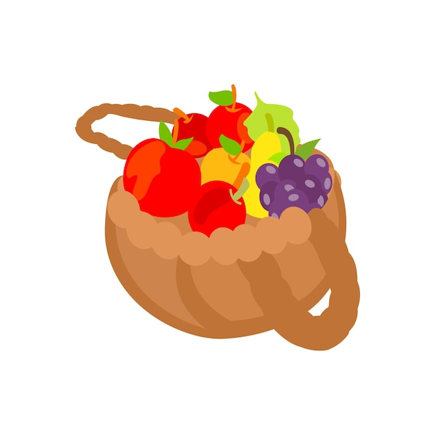 Fruit basket in a cartoon style apples oranges bananas pears and blueberries Vector illustration in a flat style