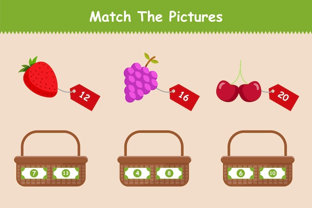 Fruit basket counting game for children Kids puzzle concept Flat vector illustration isolated