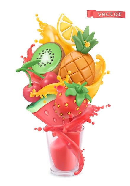 Fruit and berries burst. Sweet tropical fruits and mixed berries. Watermelon, pineapple, strawberry, kiwi, cherry, lemon and splashes of juice. Plasticine art 3d vector object