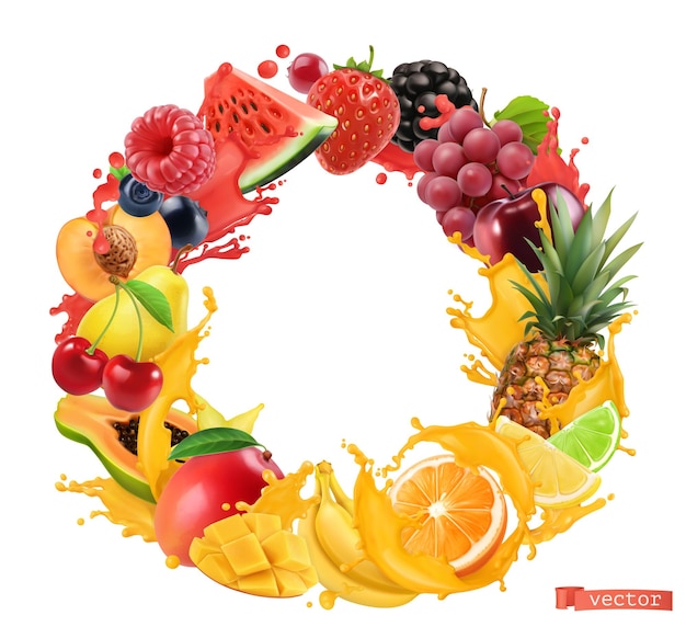 Fruit and berries circle frame. Splash of juice. 3d vector realistic objects. Watermelon, banana, pineapple, strawberry, orange, mango, grapes