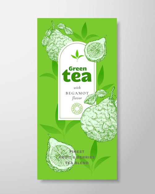 Fruit and Berries Tea Label Template Abstract Vector Packaging Design Layout with Realistic Shadows Hand Drawn Bergamot Fruit and Tea Leaves Decor Silhouettes Background Isolated