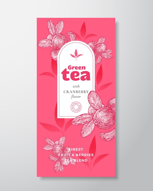 Fruit and Berries Tea Label Template Abstract Vector Packaging Design Layout with Realistic Shadows Hand Drawn Cranberry Bunch and Leaves Decor Silhouettes Background Isolated