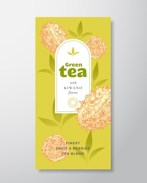 Vector fruit and berries tea label template abstract vector packaging design layout with realistic shadows hand drawn kiwano fruit and tea leaves decor silhouettes background isolated