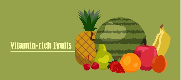 Fruit and berries vector banner set Vegetarian Food Strawberries banana and pomegranate Illustation of fruit Pineapple or Apple Orange Watermelon apricot pear cherry