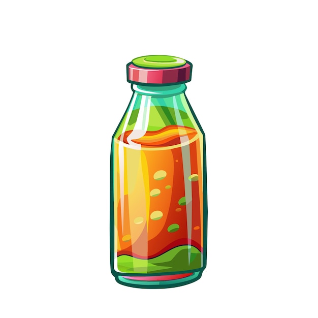 fruit and berry juice in bottle cartoon style on white