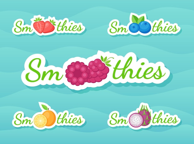 Fruit and berry smoothie drink label set vector illustration sign smoothies on blue background on