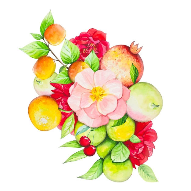 Fruit bouquet with apples pomegranate red roses oranges peaches watercolor