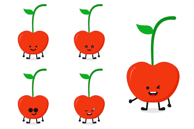 Fruit cherry character vector illustration set for happy expression