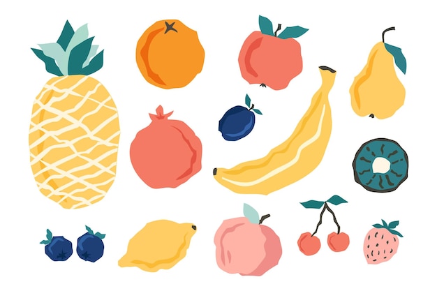 Fruit collection in flat hand drawn style cartoon illustrations Tropical fruit and graphic design elements Sketch style ingredients