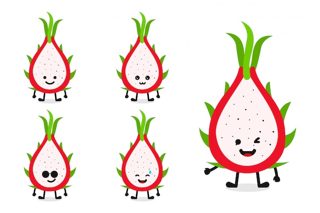 Fruit dragon fruit character illustration set for happy expression