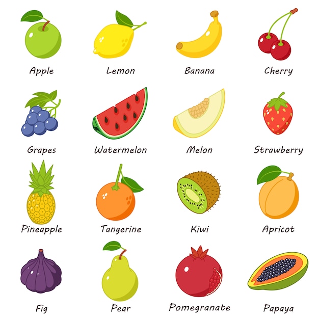 Fruit food icons set. Isometric illustration of 16 fruit food vector icons for web