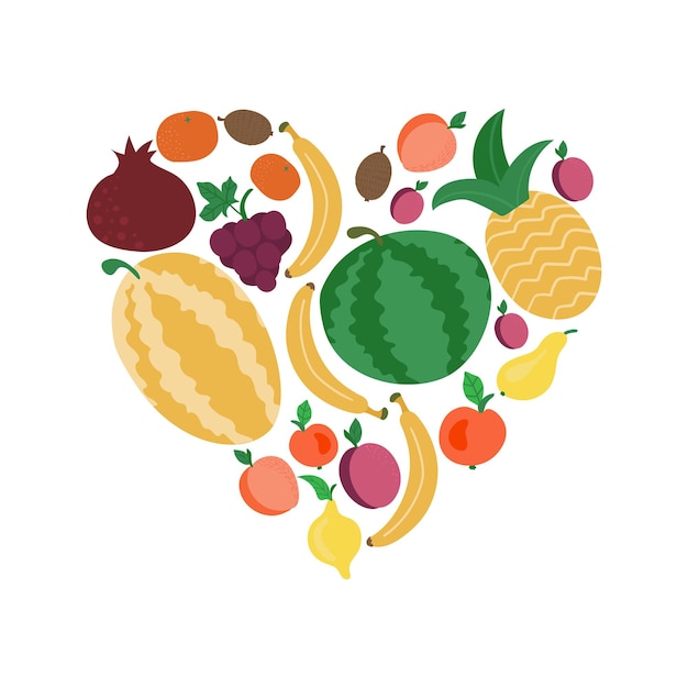 Fruit in heart shape Set fruits icons forming heart shape Vegetarian food icons Healthy cartoon flat food illustration hand drawn Vector