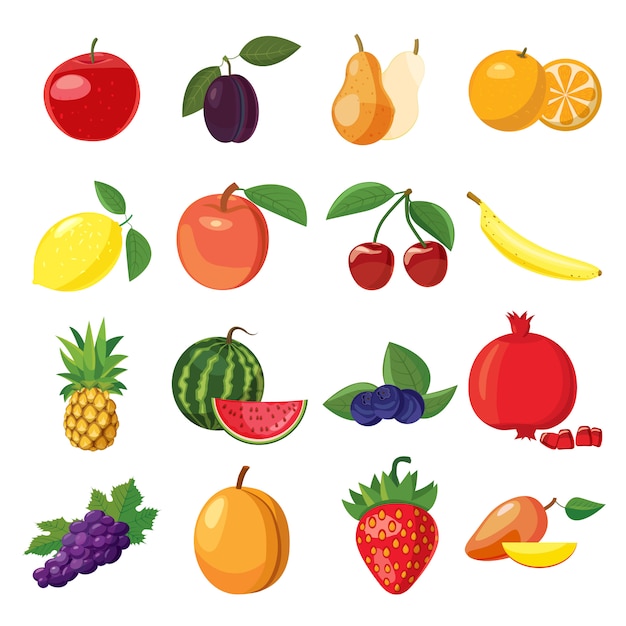 Fruit icons set in cartoon style on a white background