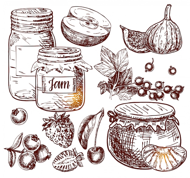 Fruit jam glass jar vector drawing. Jelly and marmalade with strawberry, cherry, blueberry, apple, figs and orange