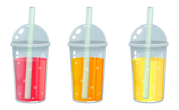 Vector fruit juice in a plastic cup juice to go lemonade strawberry orange juice