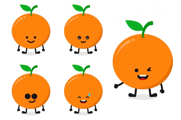 Fruit orange character vector illustration set for happy expression