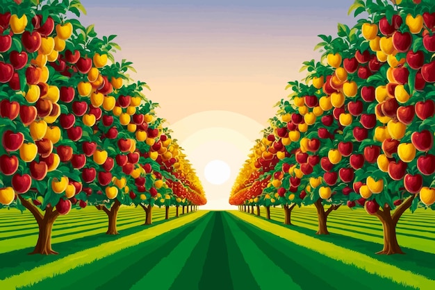 Vector a fruit orchard with a sun setting behind them