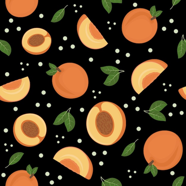 Fruit pattern of peaches on a black background, vector illustration.