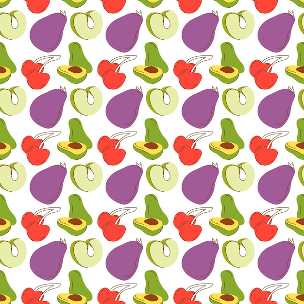 Fruit pattern with coloring eggplant avocados green apples cherries Seamless retro background with fruits and vegetables