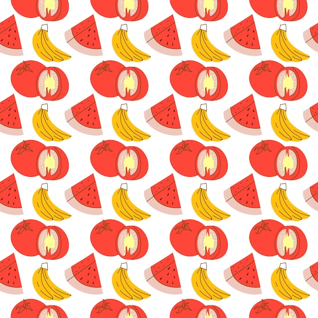 Fruit pattern with coloring watermelon banana tomato Vector seamless pattern of vegetable and fruit