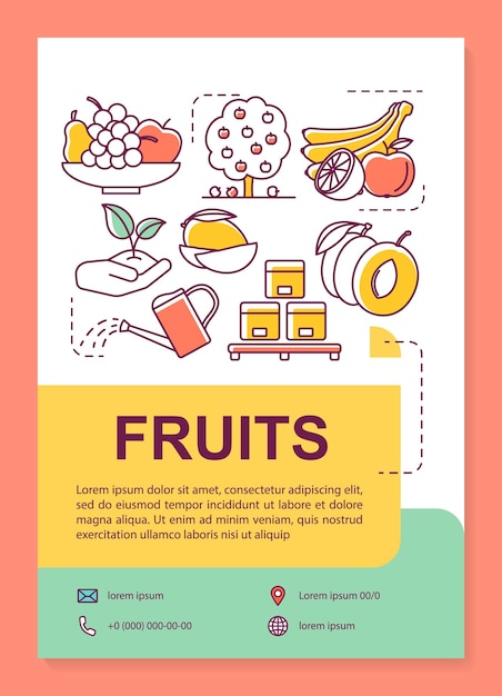 Fruit production poster template layout. Farming organic produce. Banner, booklet, leaflet print design with linear icons. Vector brochure page layouts for magazines, advertising flyers