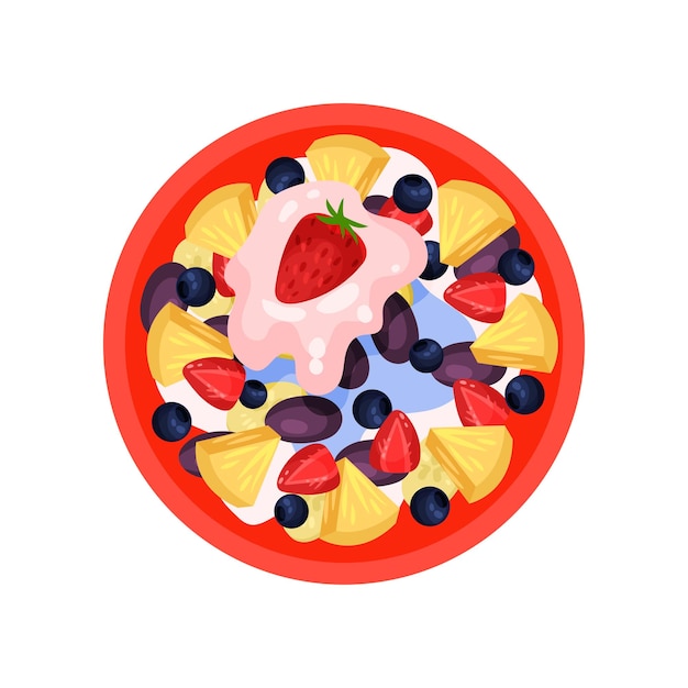 Fruit salad with pineapple ripe strawberry plum blueberry and fresh yogurt top view Tasty food for breakfast Healthy eating theme Cartoon vector icon Flat design isolated on white background