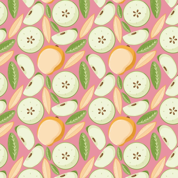 Fruit seamless pattern for textile products apple and mango pieces and bone in a flat style