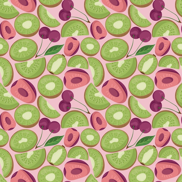 Fruit seamless pattern for textile products cherry and kiwi pieces bone and leaves in flat style