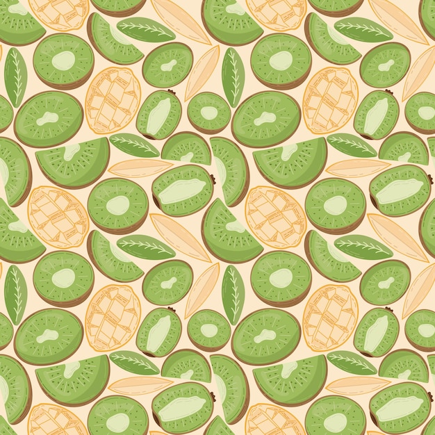 Fruit seamless pattern for textile products mango and kiwi pieces bone and leaves in a flat style