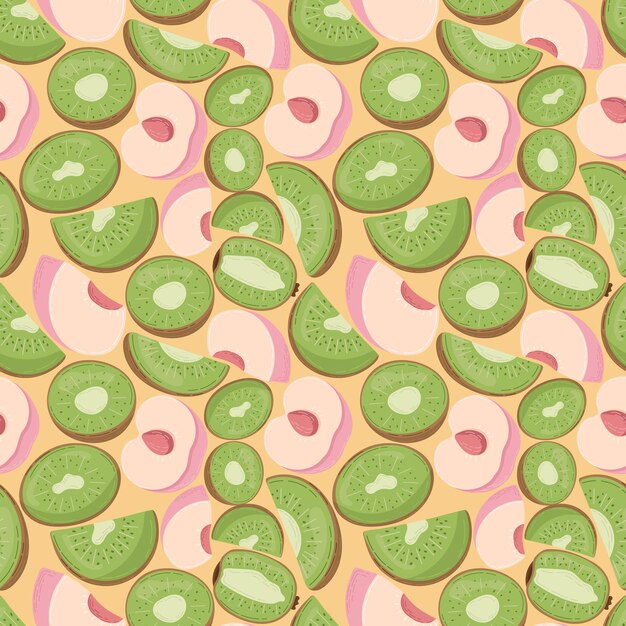 Fruit seamless pattern for textile products peach and kiwi pieces bone and leaves in a flat style