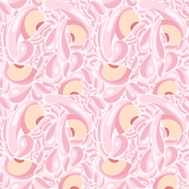 Fruit seamless pattern for textile products peach pieces with juice splashes peach smoothie