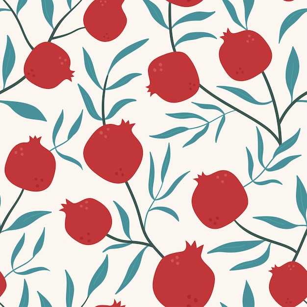 Fruit seamless pattern with pomegranate trees on beige background. Hand drawn summer tropic fruit