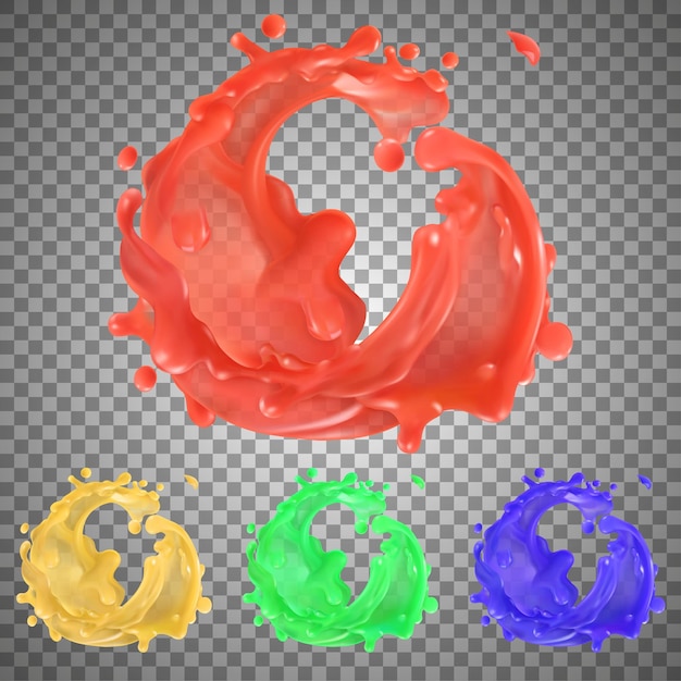 Fruit splash liquid effect illustration in red, yellow, green and blue colors