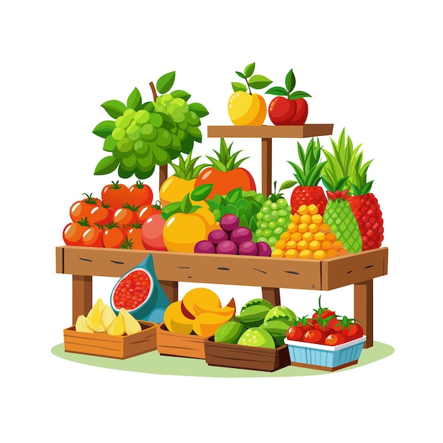 a fruit stand with fruits and vegetables on it