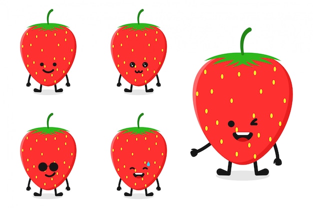 Fruit strawberry character illustration set for happy expression