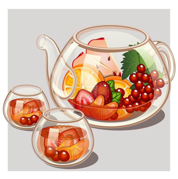 Fruit Tea with teapot and glasses isolated on grey