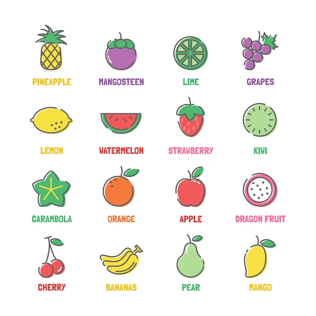 fruit vector line icons with flat colors