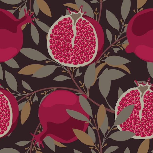 Fruit vector seamless pattern Pomegranate tree with maroon fruits and leaves Ripe pomegranate