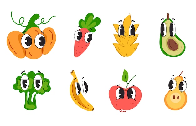 Fruit vegetable character cartoon face expression comic style emotion isolated set