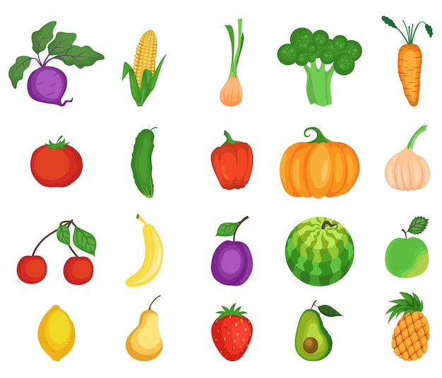 Fruit and vegetable icon set flat vector isolated illustration fresh organic vegetarian foods cartoo