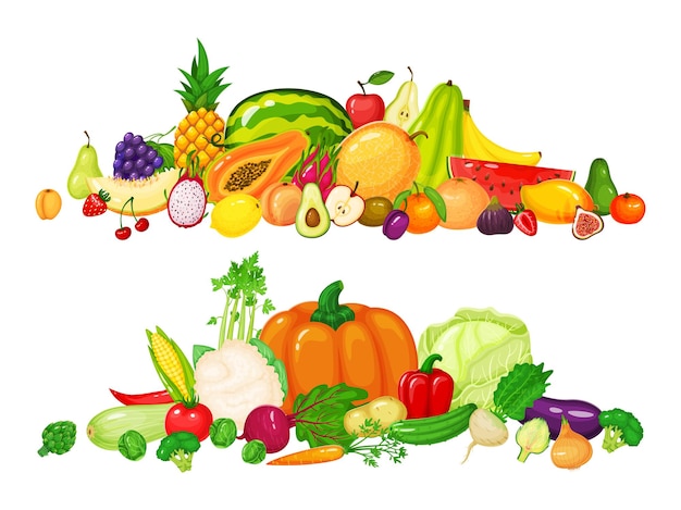 Fruit and vegetable piles Apple kiwi cherry apple pepper tomato pumpkin carrot cabbage set