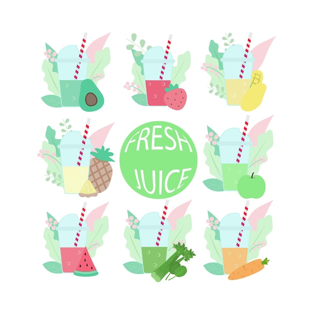 Fruit and vegetable smoothies set Fresh juice in plastic cups Flat vector illustration