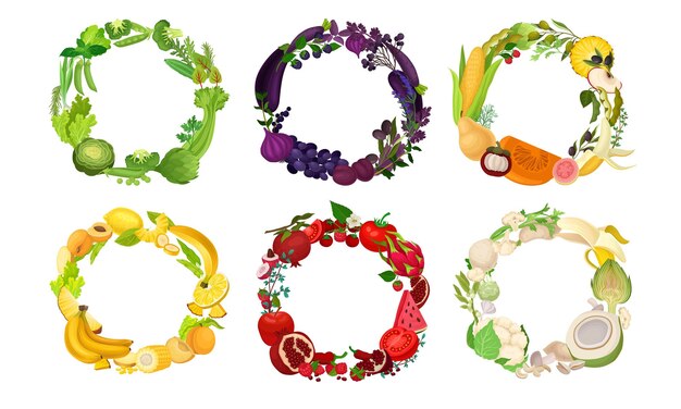 Vector fruit and vegetables wreath grouped by color vector set