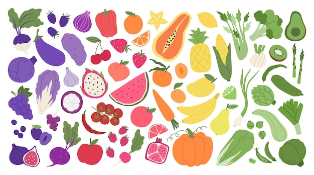 Fruit and veggies rainbow. Set of illustrations with various colorful vegetables, fruits and berries.