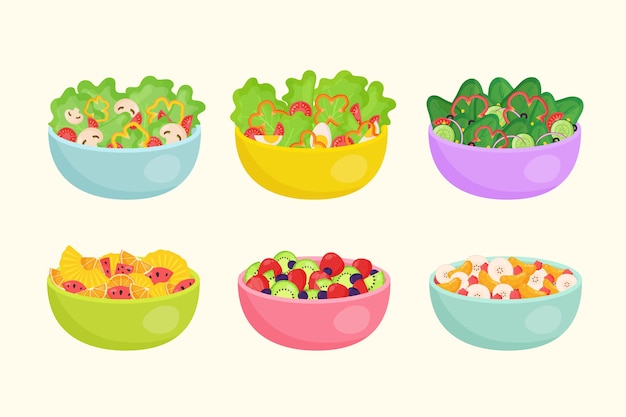 Fruit and veggies salad in bowls