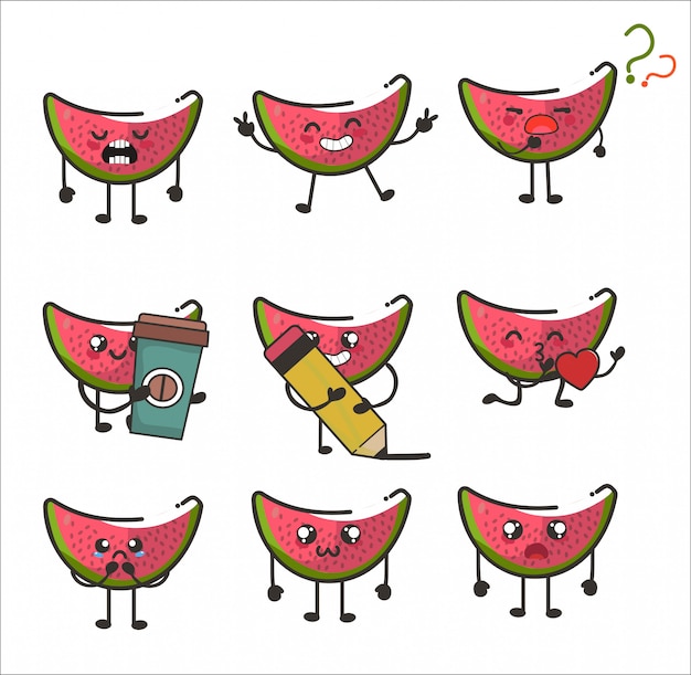 Fruit watermelon character illustration set for happy expression