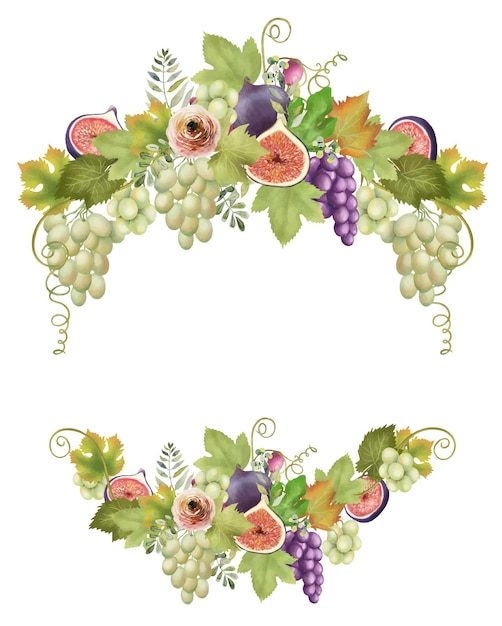 Fruit wreath of green and purple grapes leaves figs and flowers