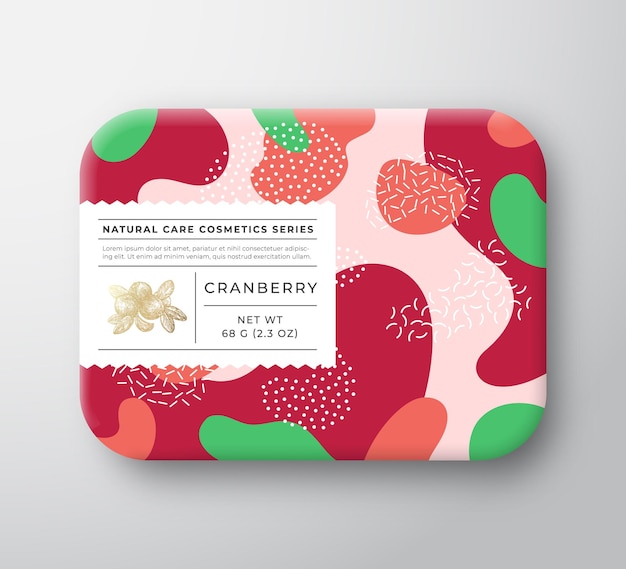 Vector fruits bath cosmetics box vector wrapped paper container with care label cover packaging design modern typography and hand drawn cranberry berries camo background pattern layout