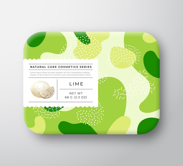 Fruits Bath Cosmetics Box. Vector Wrapped Paper Container with Care Label Cover. Packaging Design. Modern Typography and Hand Drawn Lime with Slice. Abstract Camo Background Pattern Layout. Isolated.