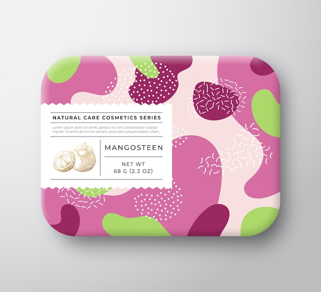 Fruits Bath Cosmetics Box Vector Wrapped Paper Container with Care Label Cover Packaging Design Modern Typography and Hand Drawn Mangosteen Fruit Abstract Camo Background Pattern Layout Isolated